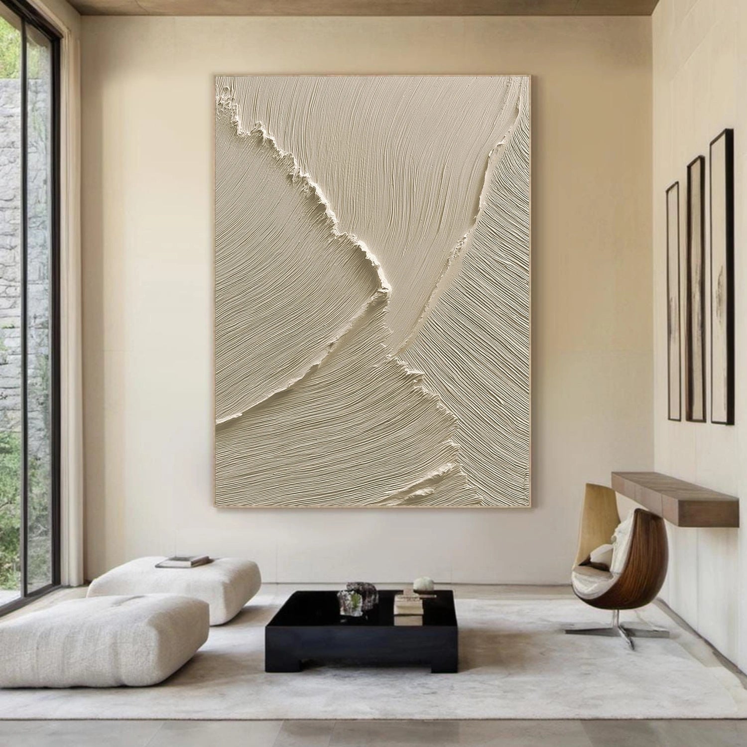 Beige Minimalist Ocean And Sky Textured Canvas Art #OC154
