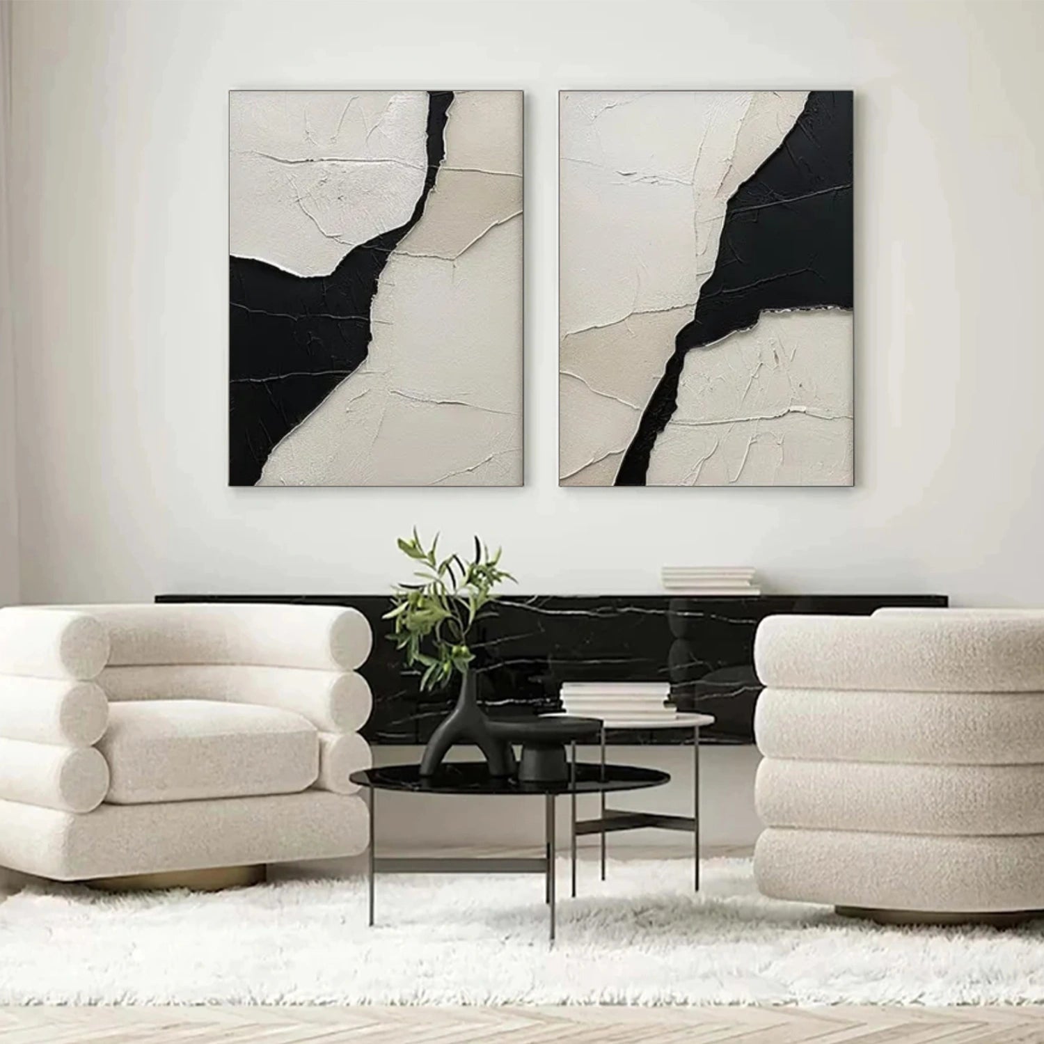 Black and White Minimalist Textured Canvas Art Set of 2 #WZ097