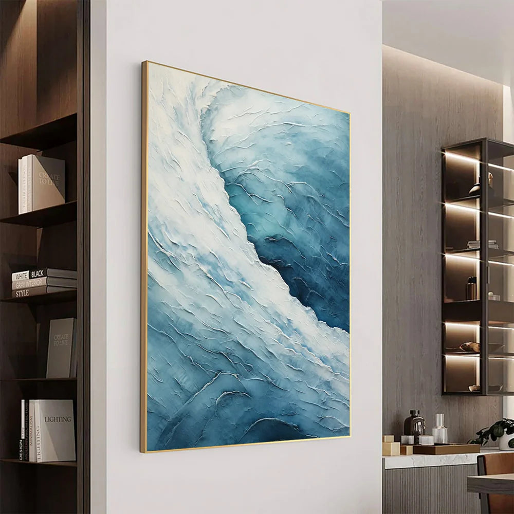 White & Blue Minimalist Ocean And Sky Textured Canvas Art #OC054