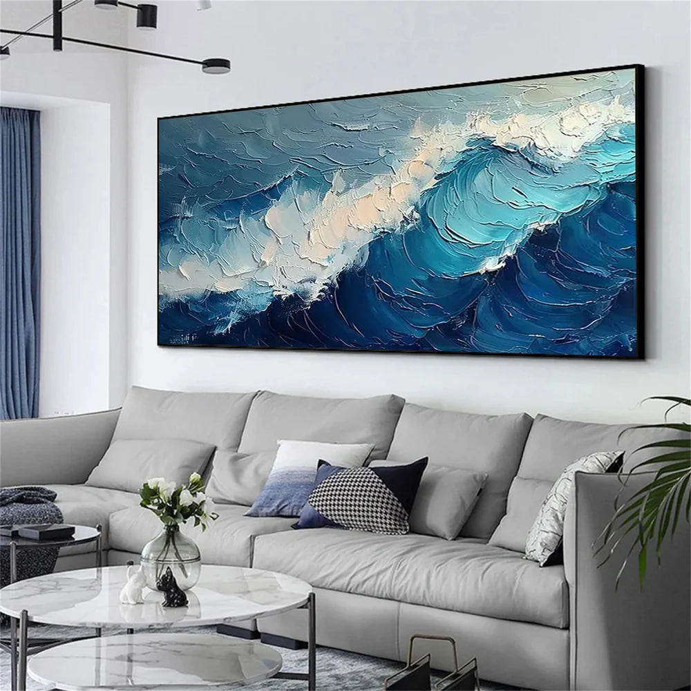 Blue & White Abstract Ocean And Sky Textured Canvas Art #OC072