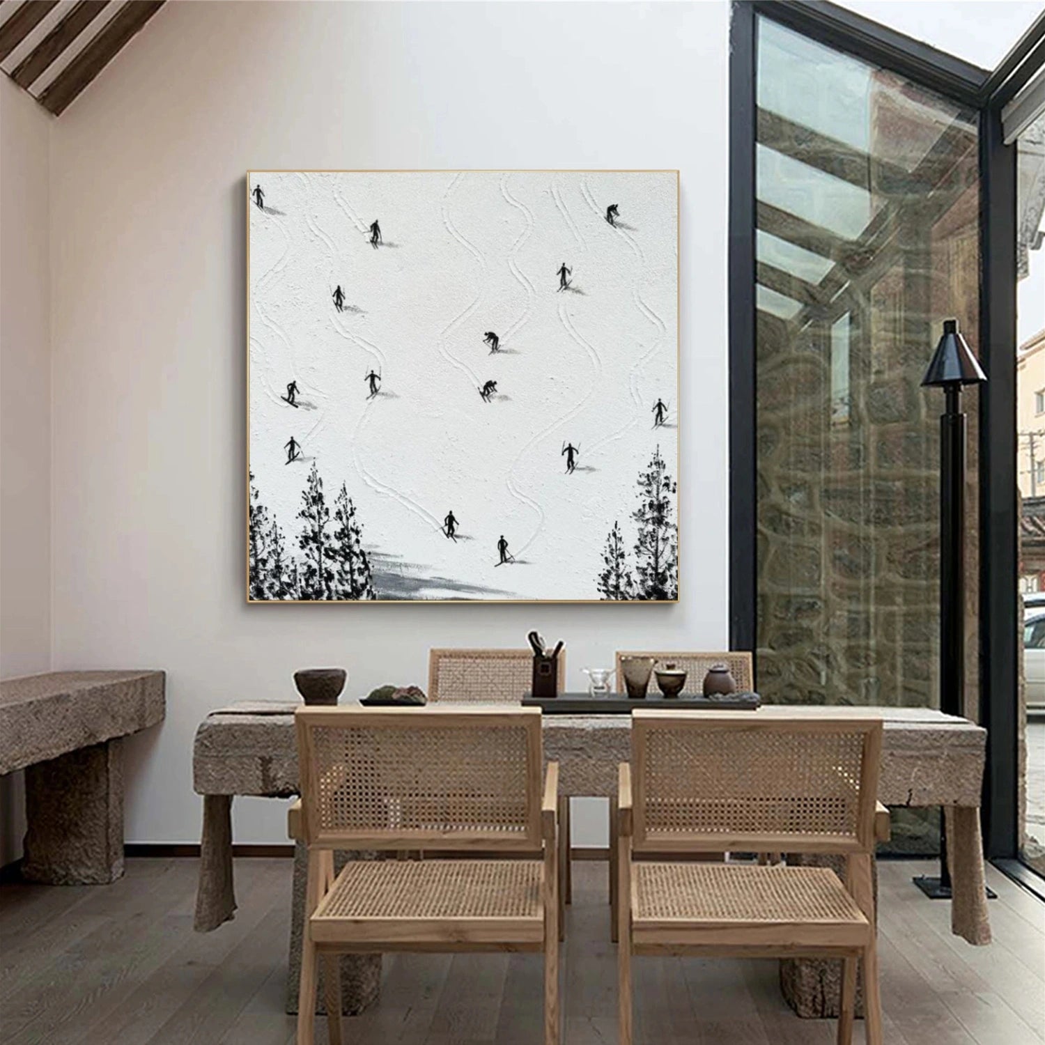 Black and White Skiing Sport Textured Canvas Painting #PB059