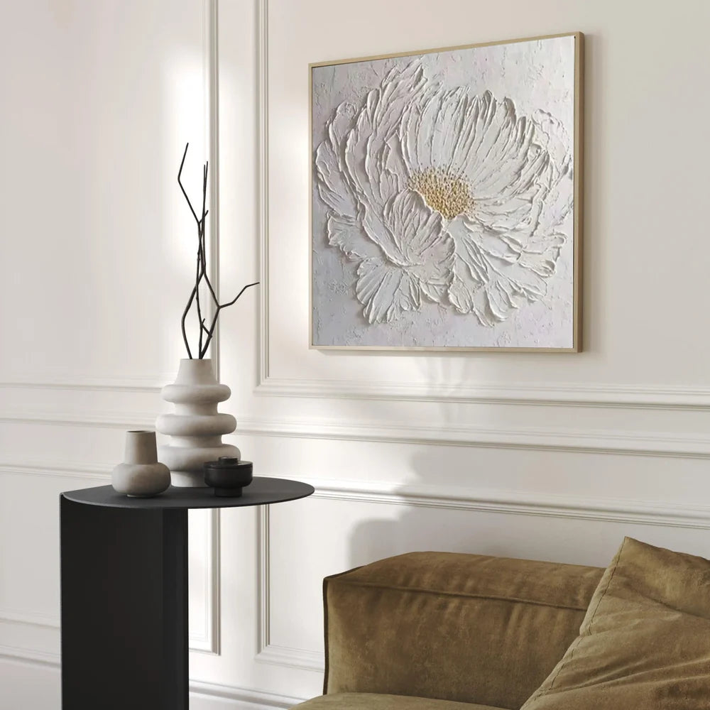 White Minimalist Flower And Tree Textured Canvas Art #MF074