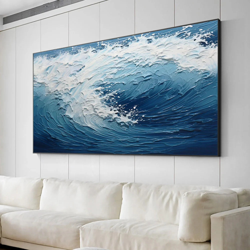 White & Blue Minimalist Ocean And Sky Textured Canvas Art #OC051