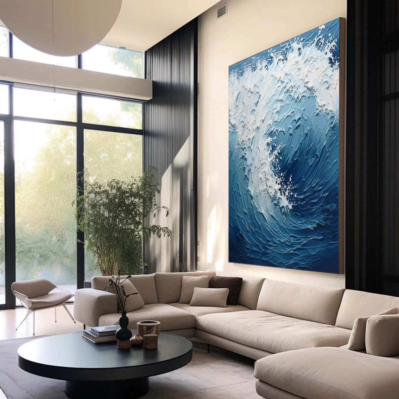 White & Blue Minimalist Ocean And Sky Textured Canvas Art #OC052