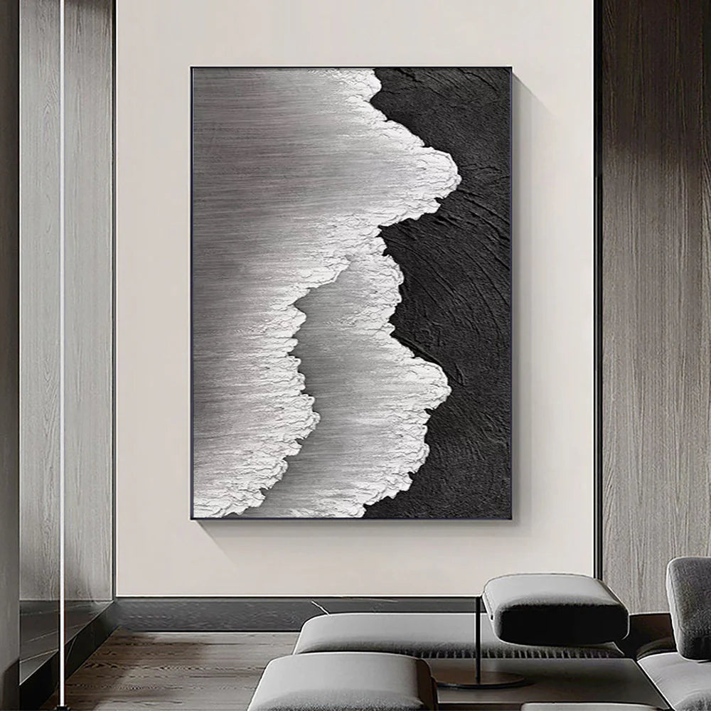 Black & White Minimalist Ocean And Sky Textured Canvas Art #OC043