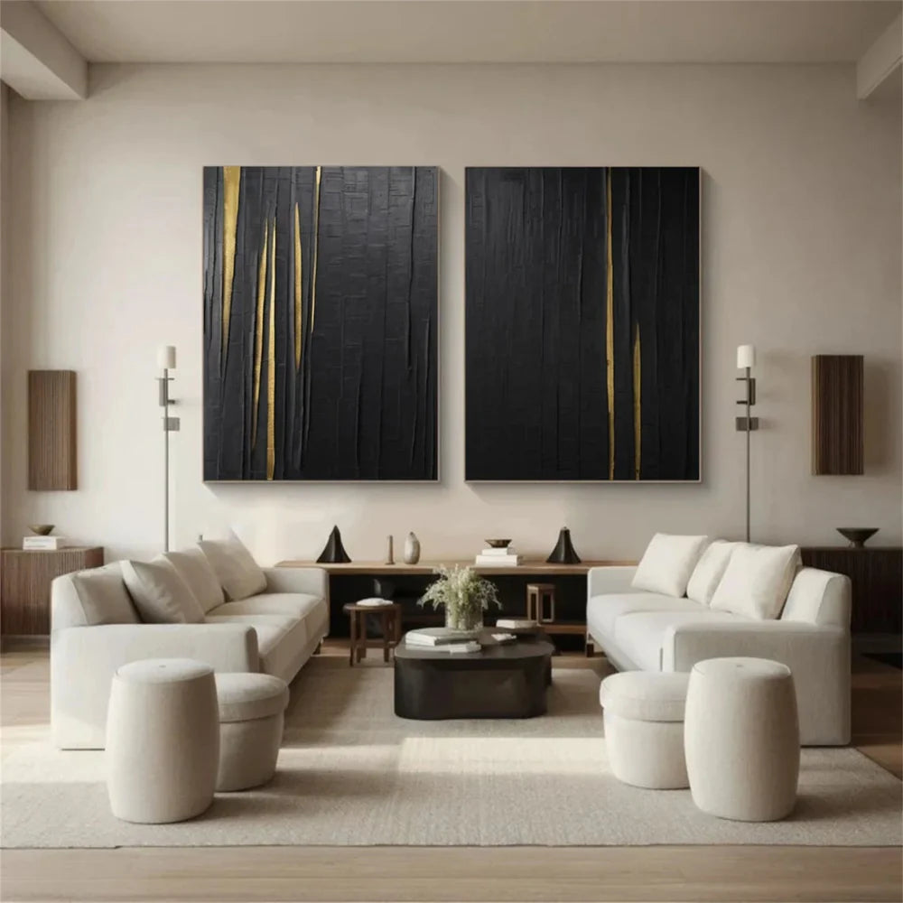 Black Minimalist Textured Canvas Art Set of 2 #WZ040
