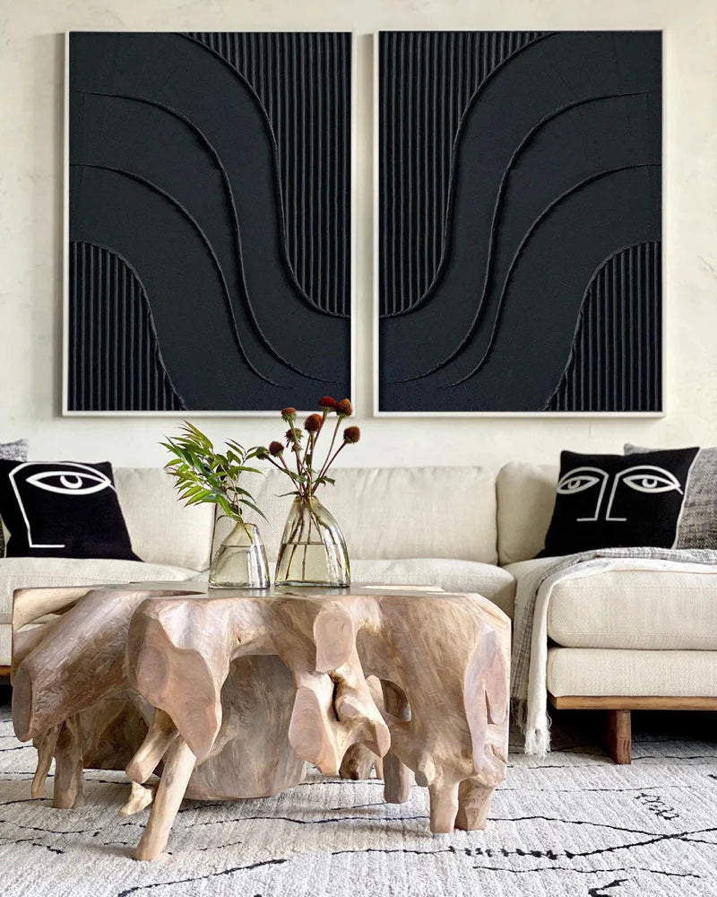 Black Minimalist Textured Canvas Art Set of 2 #WZ002