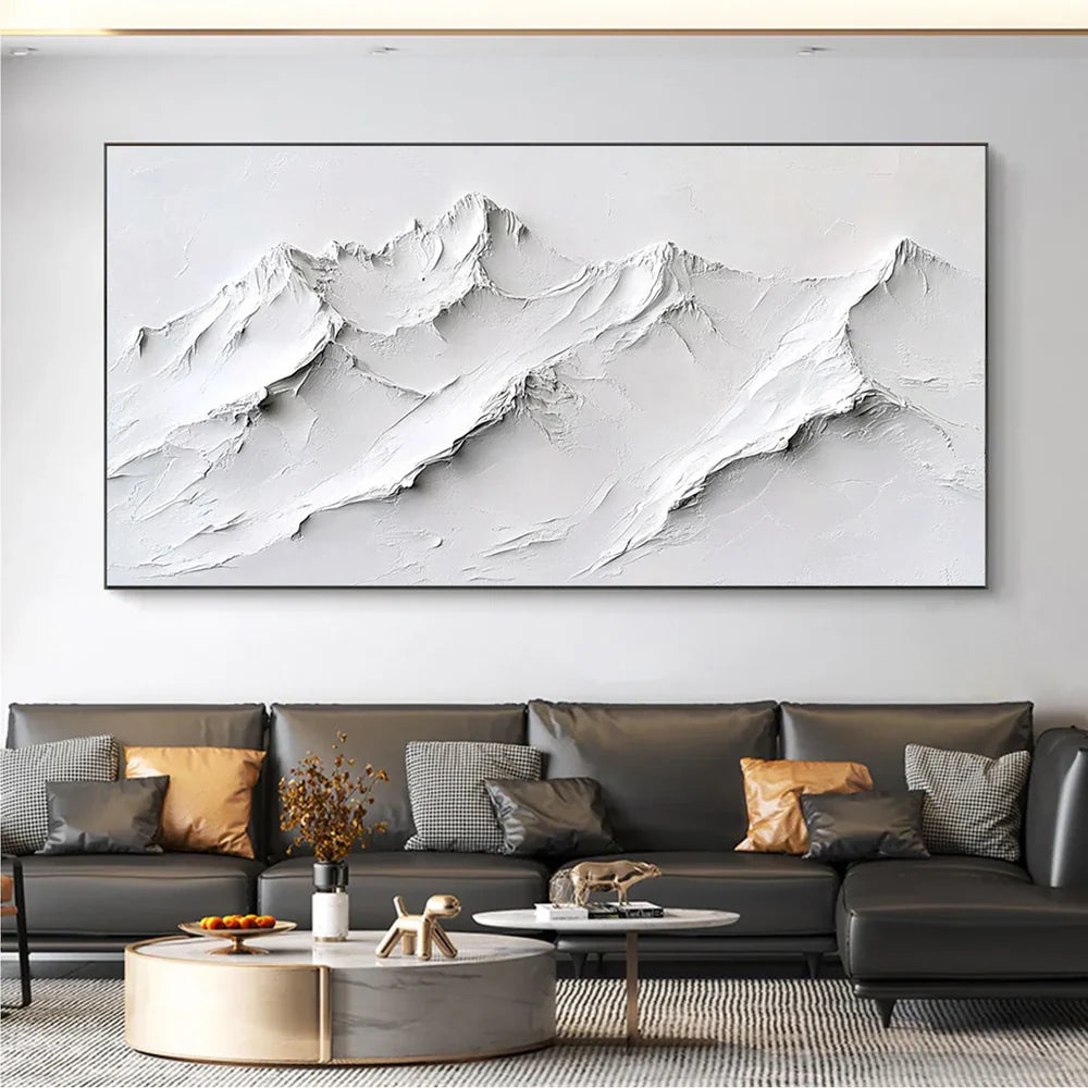 White Minimalist Mountain Textured Canvas Art #BT030