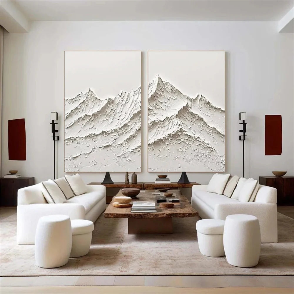 White Minimalist Mountain Textured Canvas Art Set of 2 #BT007