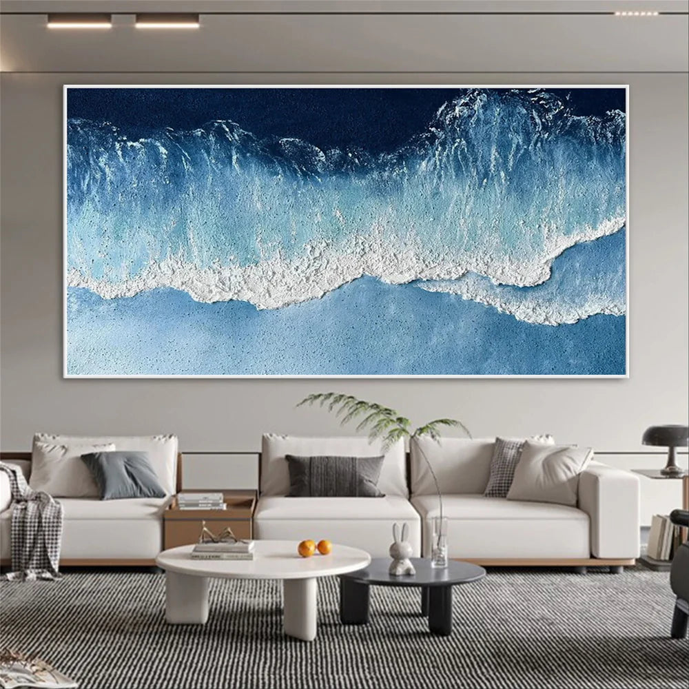 Blue & White Abstract Ocean And Sky Textured Canvas Art #OC062