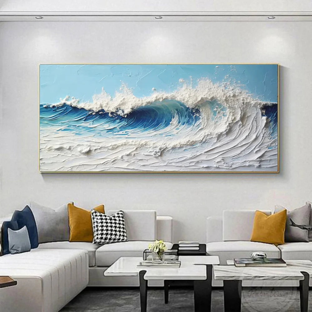 Blue & White Abstract Ocean And Sky Textured Canvas Art #OC061