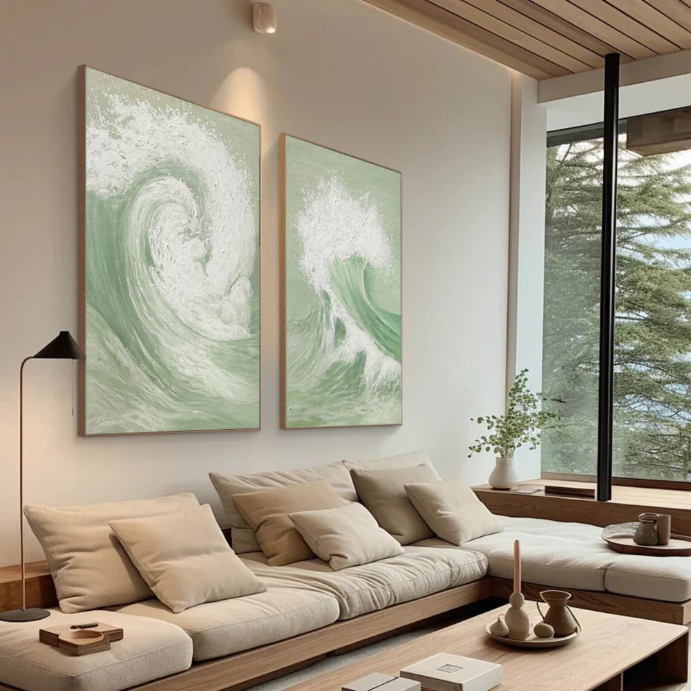 White & Green Minimalist Ocean And Sky Textured Set Of 2 Canvas Art #OC053