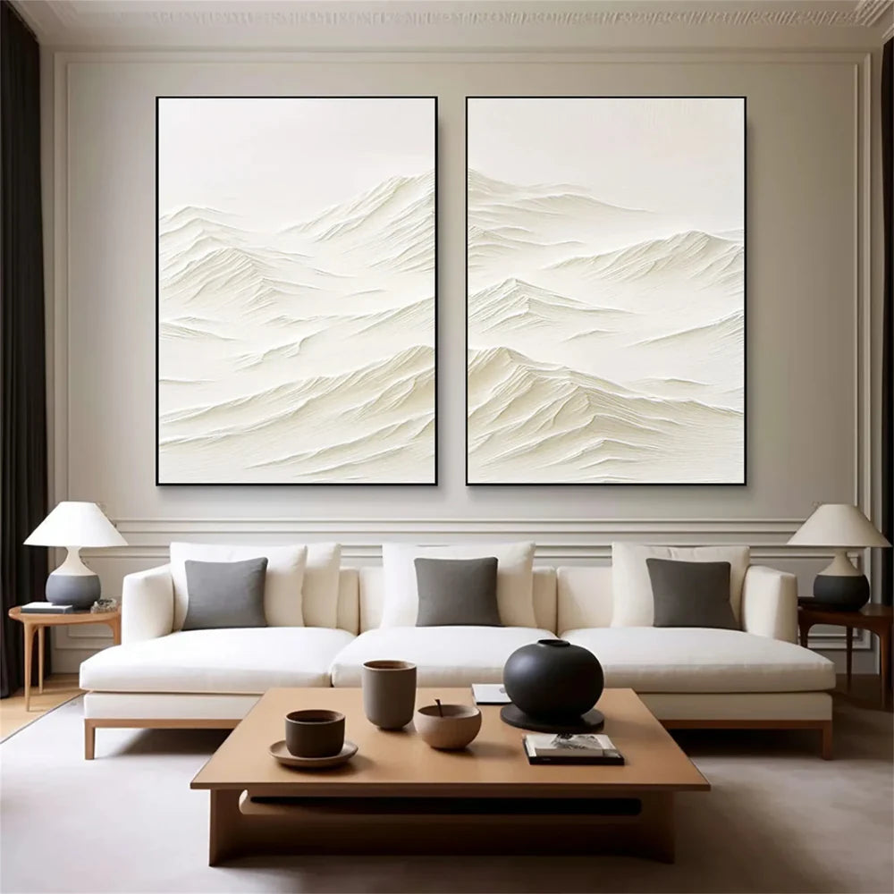 White Minimalist Mountain Textured Canvas Art Set of 2 #BT006