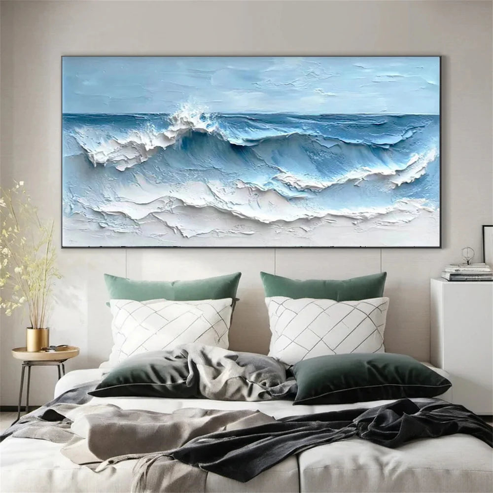 Blue & White Minimalist Ocean And Sky Textured Canvas Art # OC018