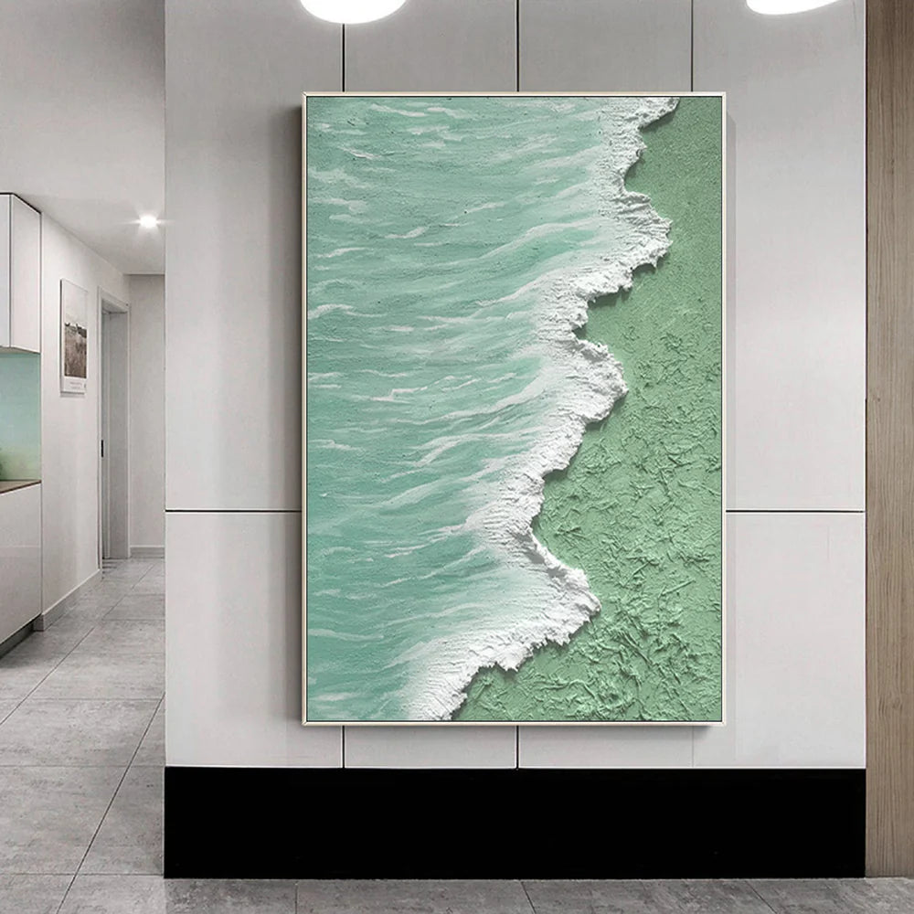 Green & White Minimalist Ocean And Sky Textured Canvas Art #OC044