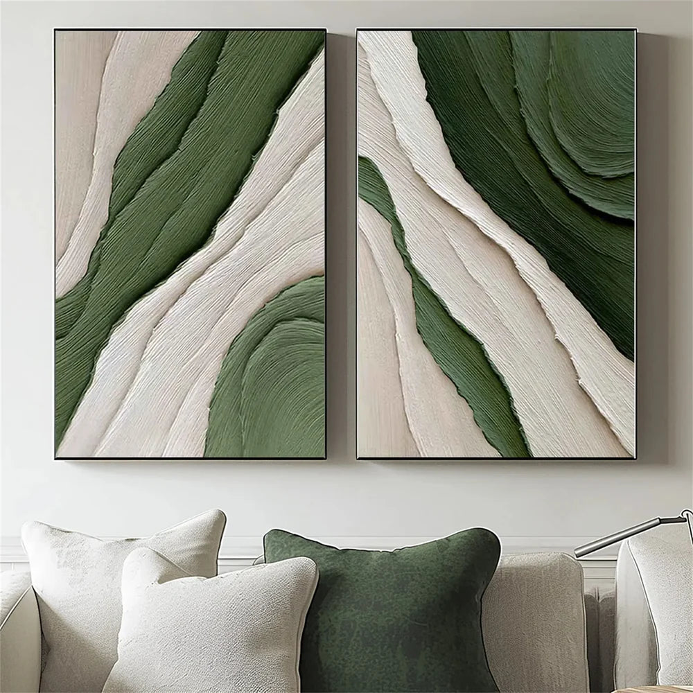 Green and White Minimalist Textured Wall Art Set of 2 #WM036