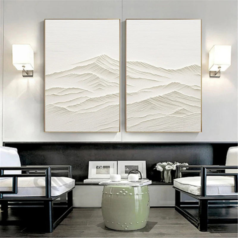 White Minimalist Mountain Textured Canvas Art Set of 2 #BT005