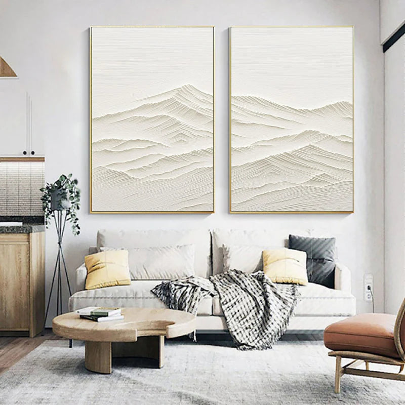 White Minimalist Mountain Textured Canvas Art Set of 2 #BT005