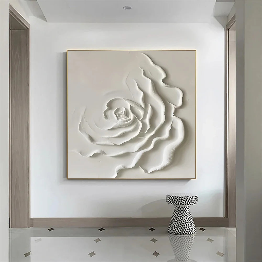White Minimalist Flower And Tree Textured Canvas Art #MF016