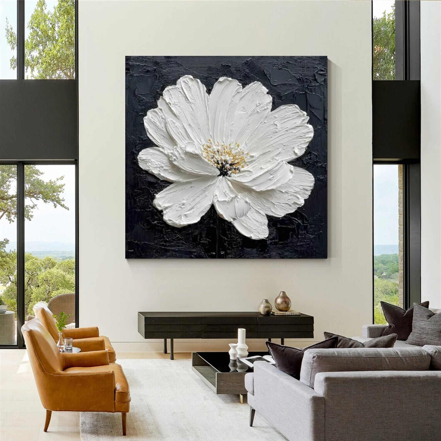 Black and White Minimalist Flower And Tree Textured Canvas Art #MF098