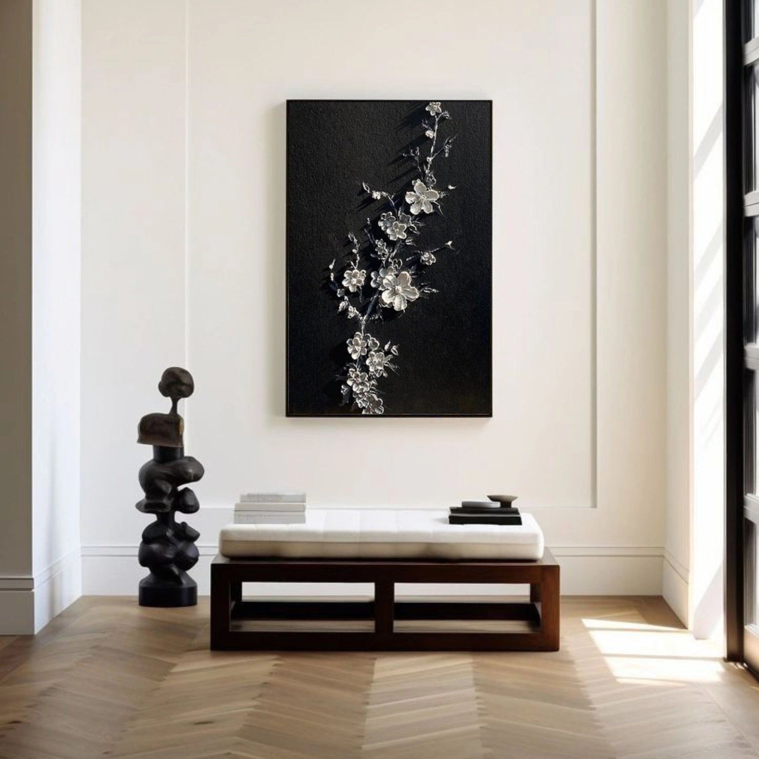 Black & White Minimalist Flower And Tree Textured Canvas Art #MF078