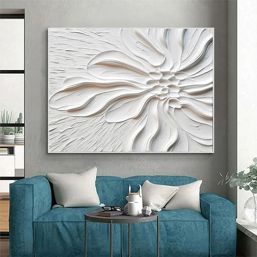 White Minimalist Flower And Tree Textured Canvas Art #MF020