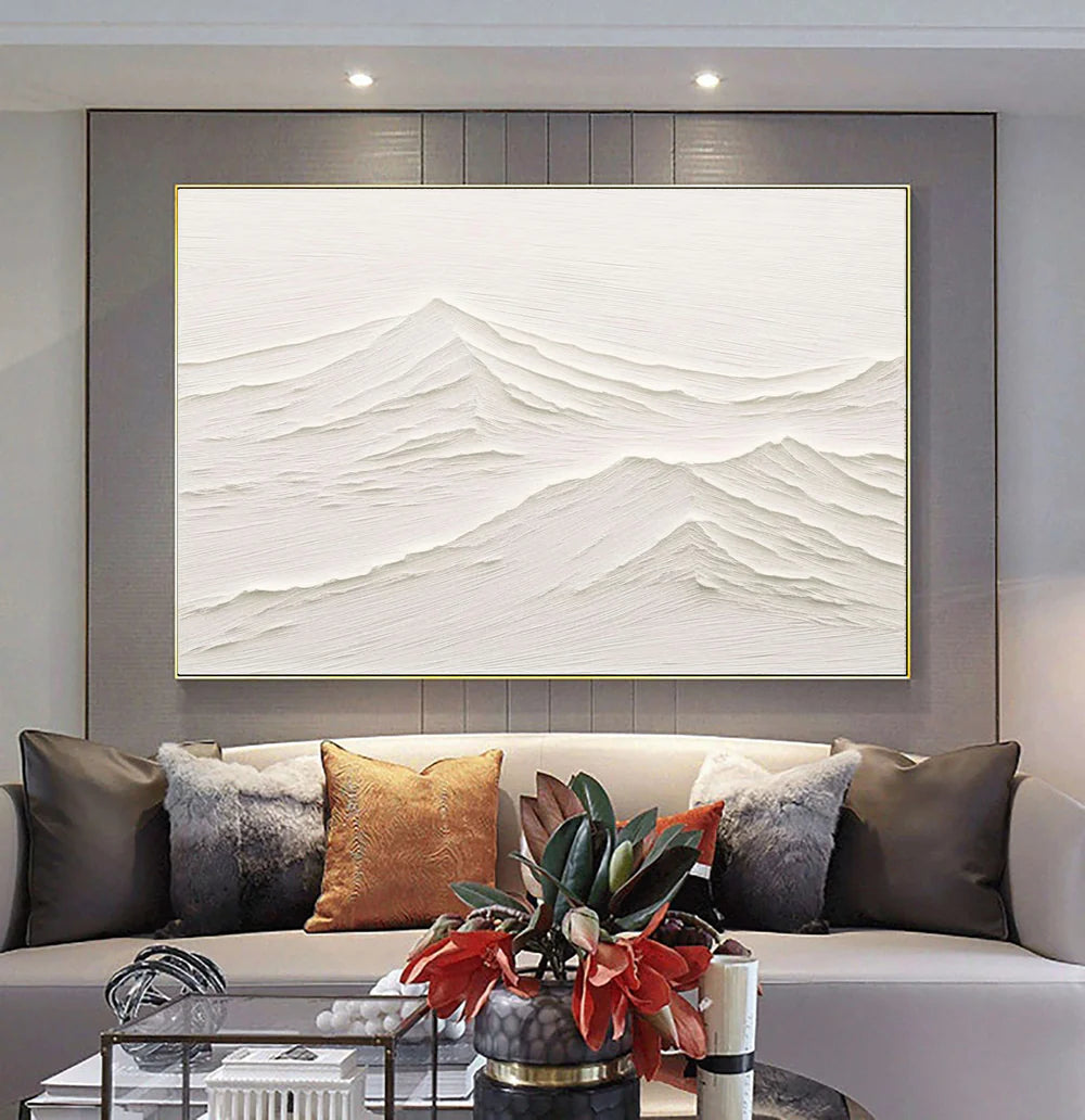 White Minimalist Mountain Textured Canvas Art #BT008
