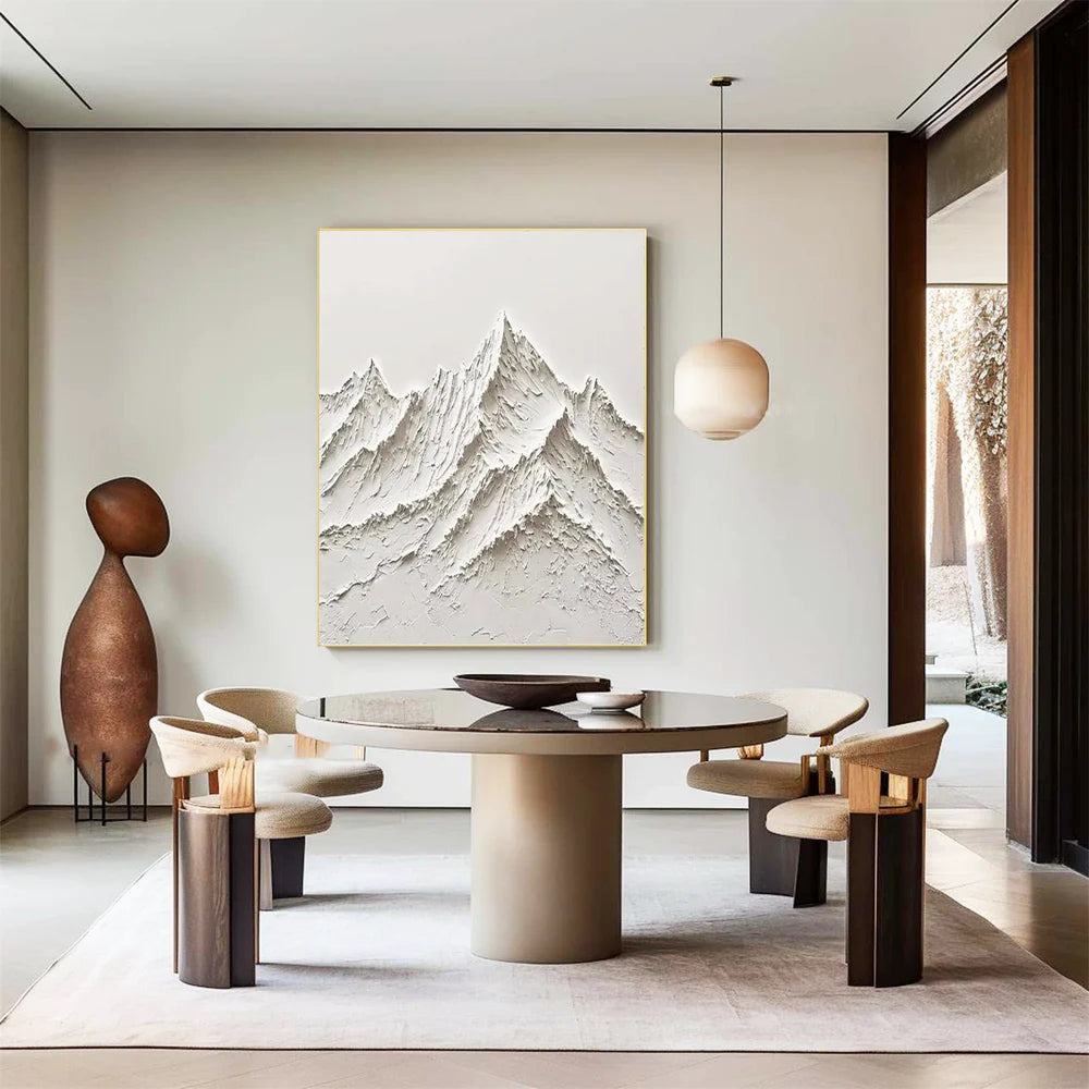 White Minimalist Mountain Textured Canvas Art #BT003