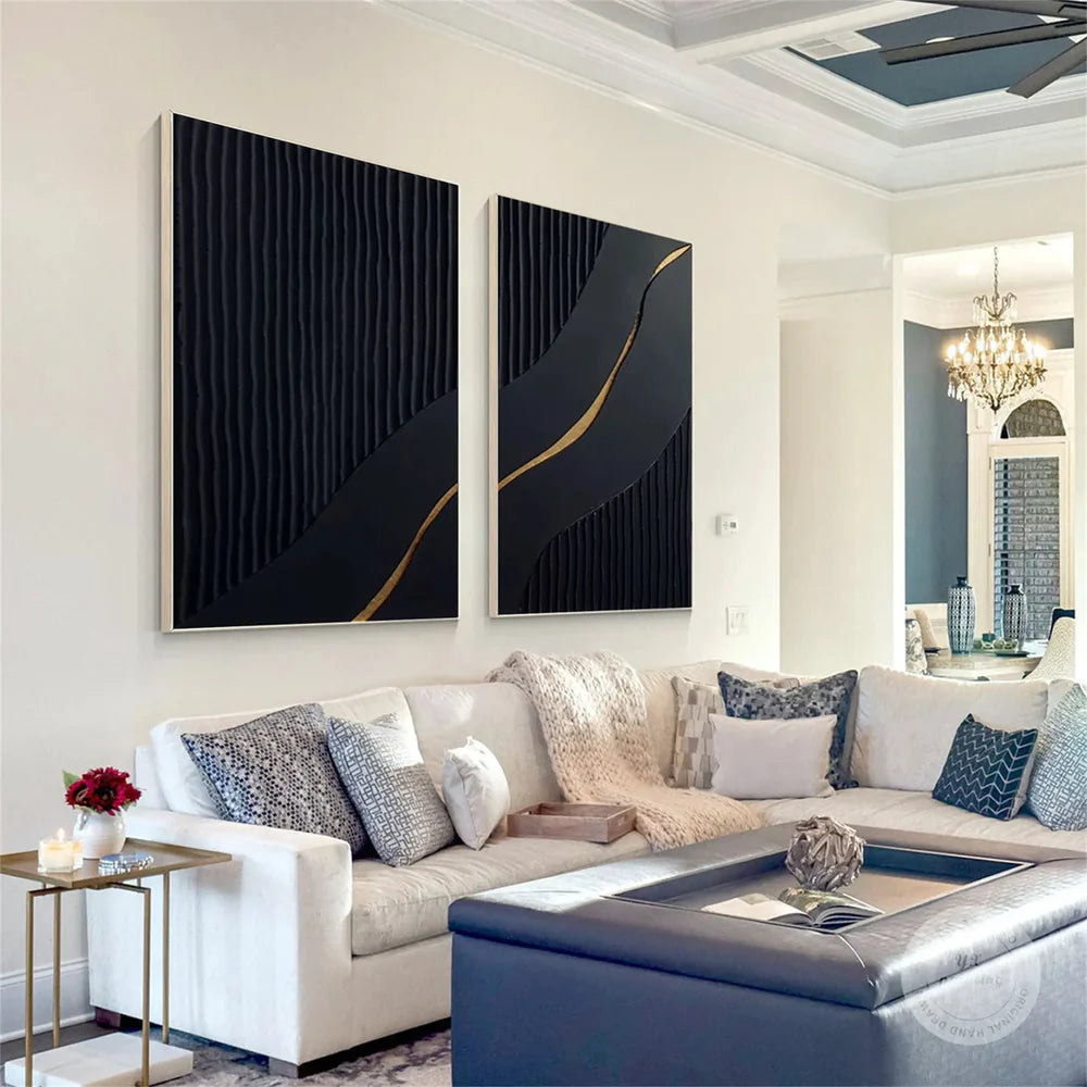 Black Minimalist Textured Canvas Art Set of 2 #WZ024