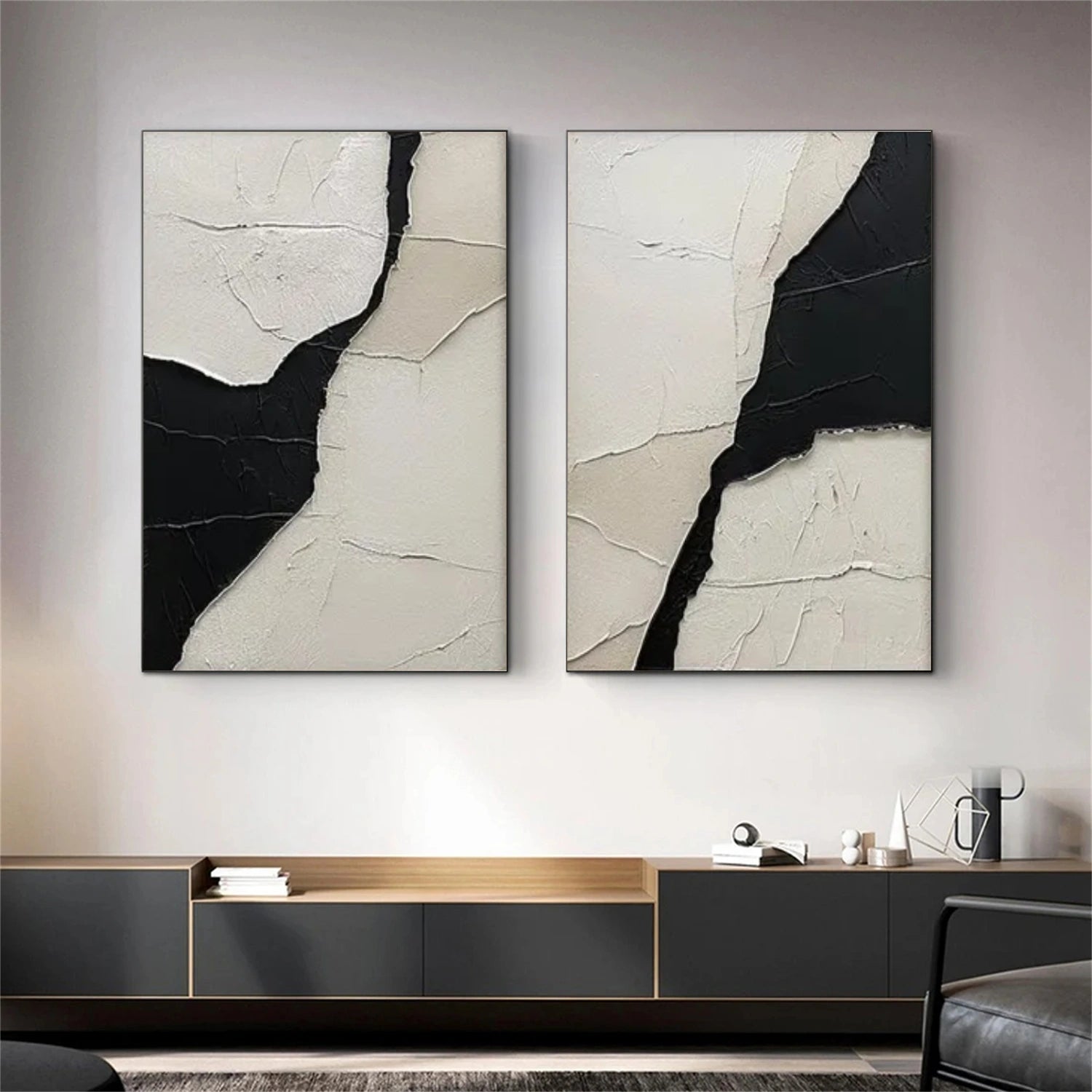 Black and White Minimalist Textured Canvas Art Set of 2 #WZ097
