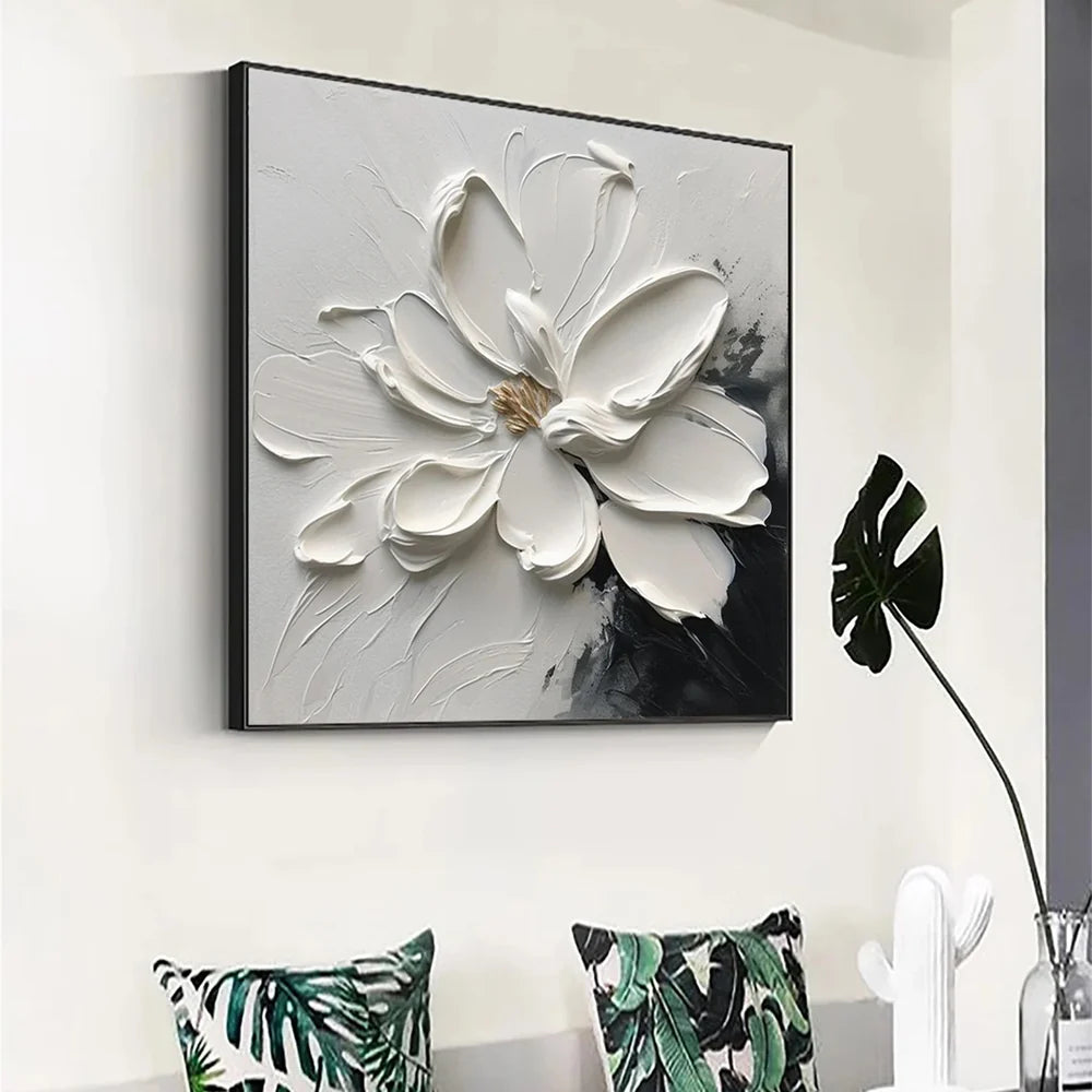 Black & White Minimalist Flower And Tree Textured Canvas Art #MF019