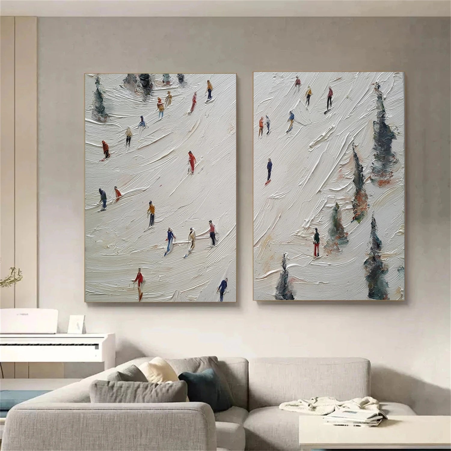 Skiing Sport Textured Canvas Painting Set of 2#PB068
