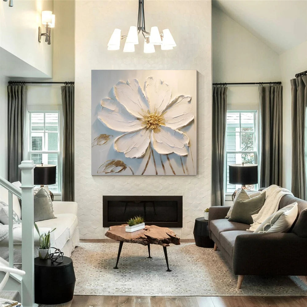 White Minimalist Flower And Tree Textured Canvas Art #MF017