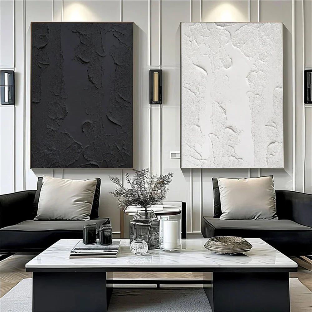 Black and White Minimalist Textured Canvas Art Set of 2 #WZ021