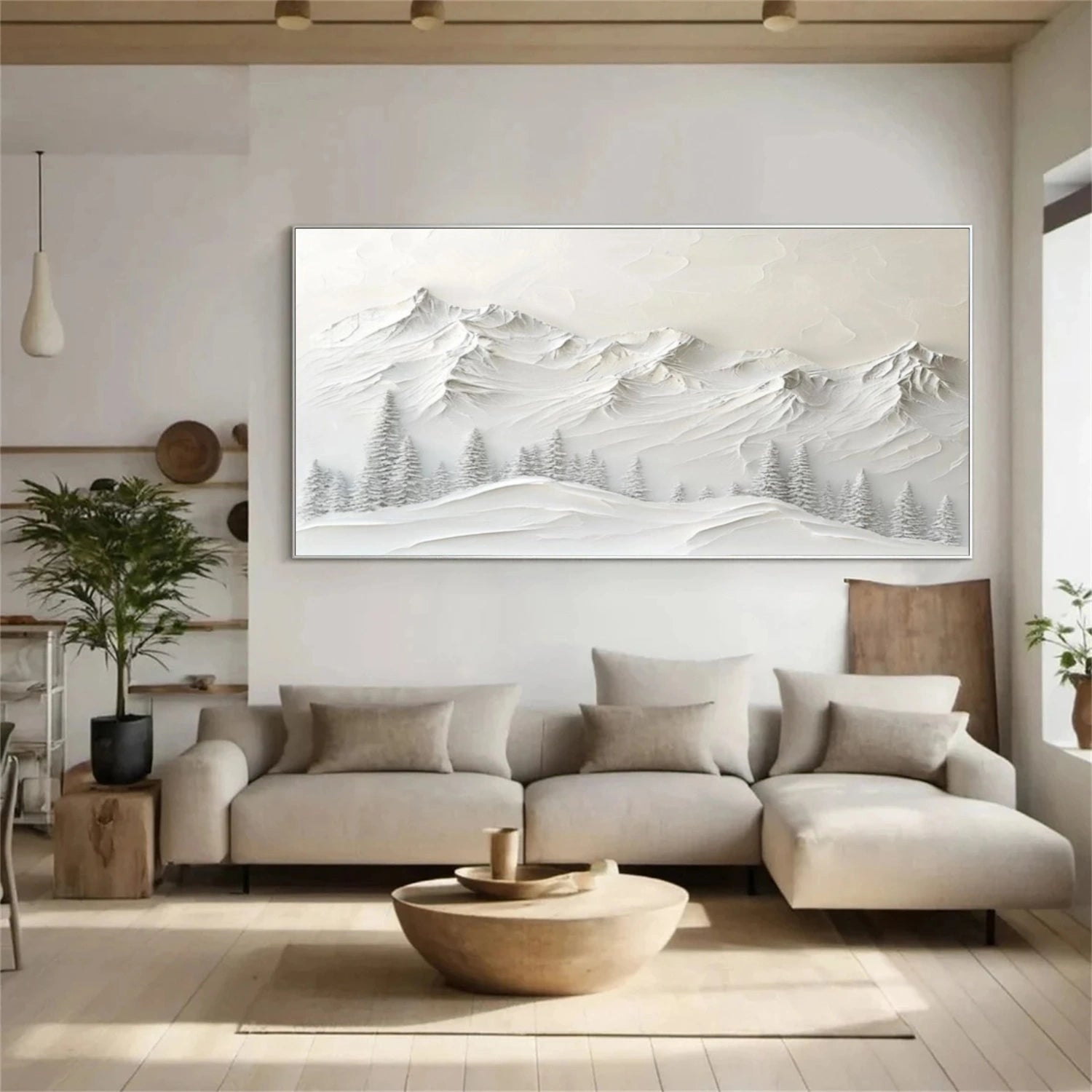 White Minimalist Mountain Textured Canvas Art #BT047