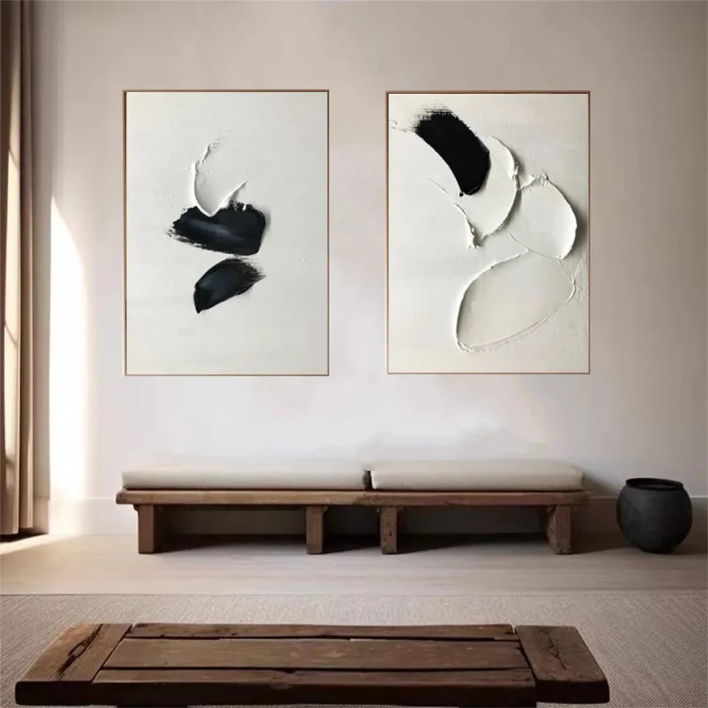 Black and White Minimalist Textured Canvas Art Set of 2 #WZ009