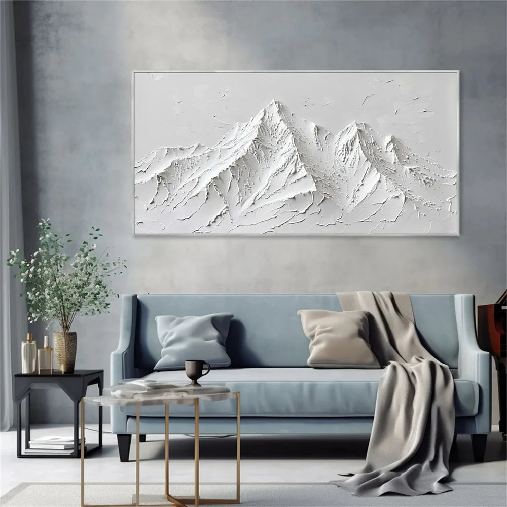 White Minimalist Mountain Textured Canvas Art #BT023