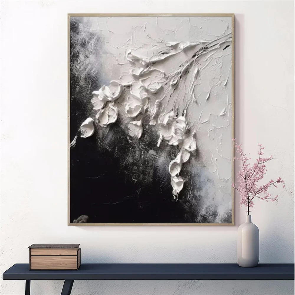 Black & White Minimalist Flower And Tree Textured Canvas Art #MF071