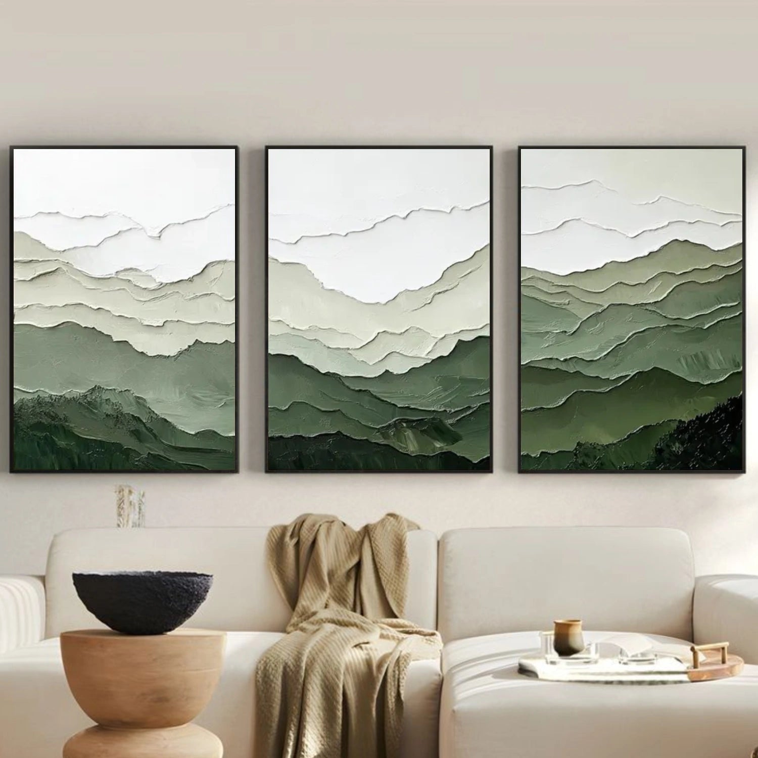 Green Minimalist Mountain Textured Canvas Art Set of 3 #BT074