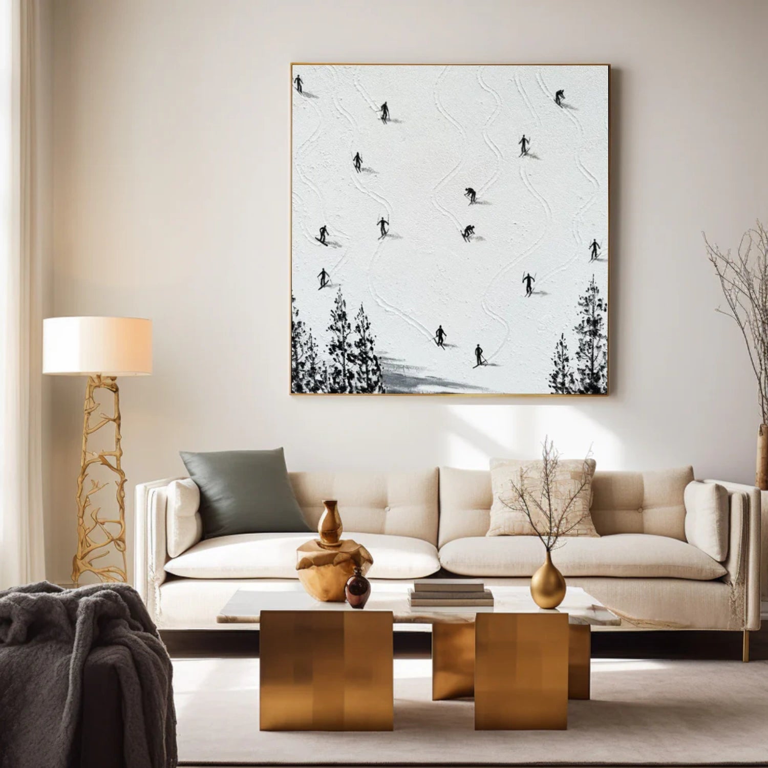 Black and White Skiing Sport Textured Canvas Painting #PB059