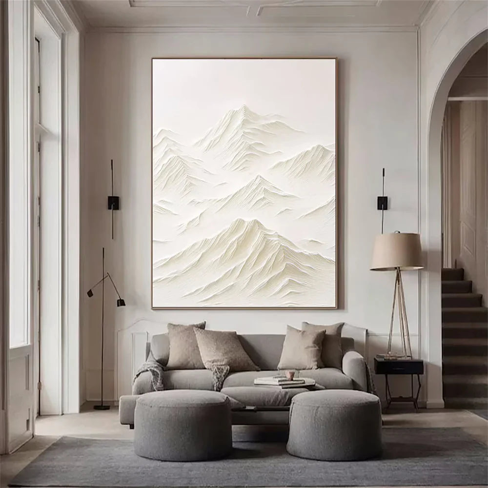 White Minimalist Mountain Textured Canvas Art #BT002