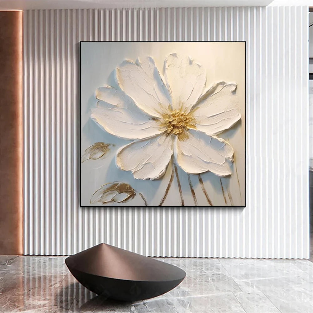 White Minimalist Flower And Tree Textured Canvas Art #MF017