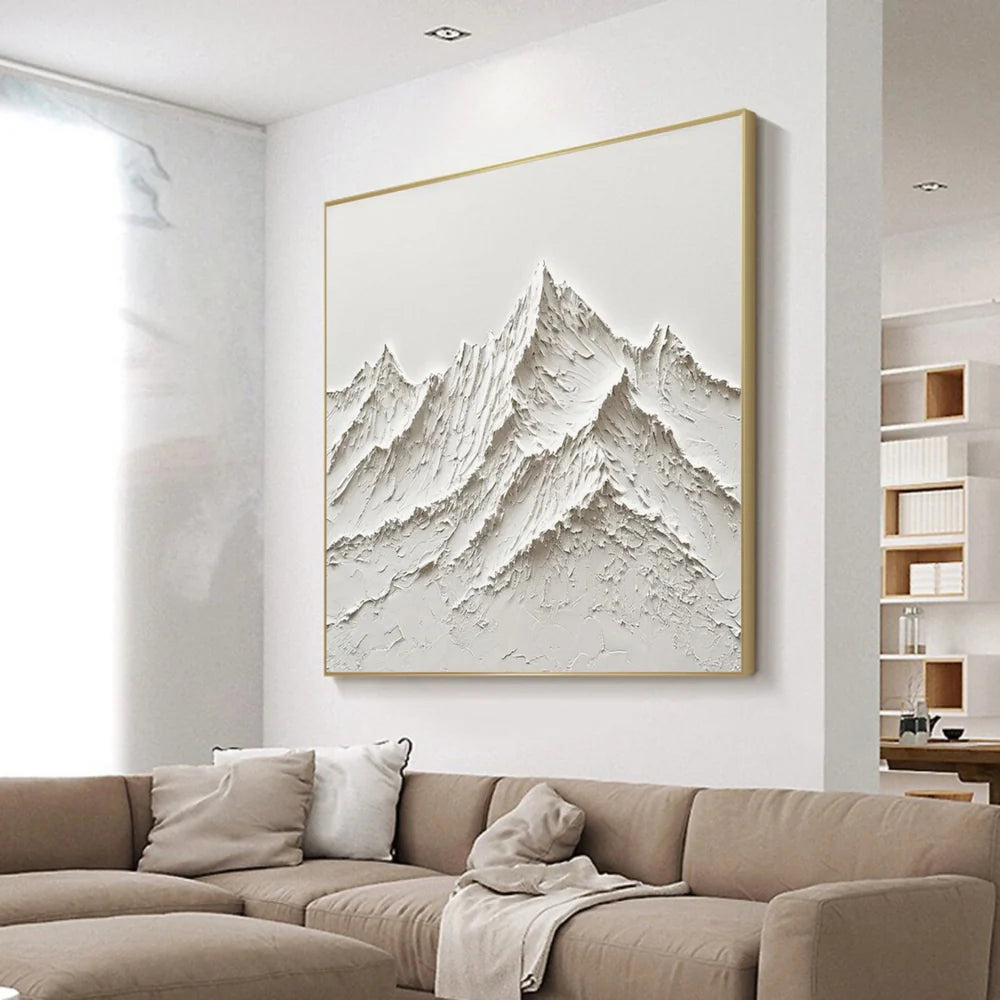 White Minimalist Mountain Textured Canvas Art #BT013