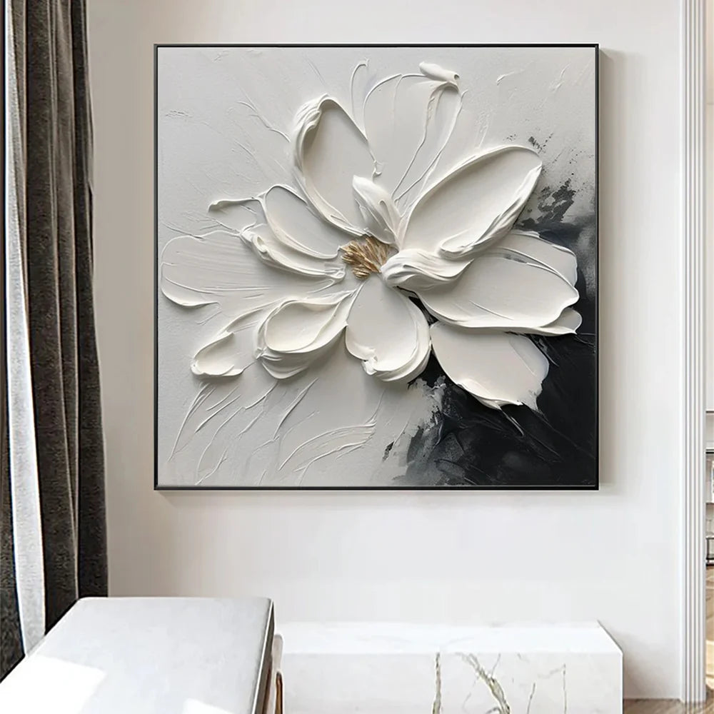 Black & White Minimalist Flower And Tree Textured Canvas Art #MF019