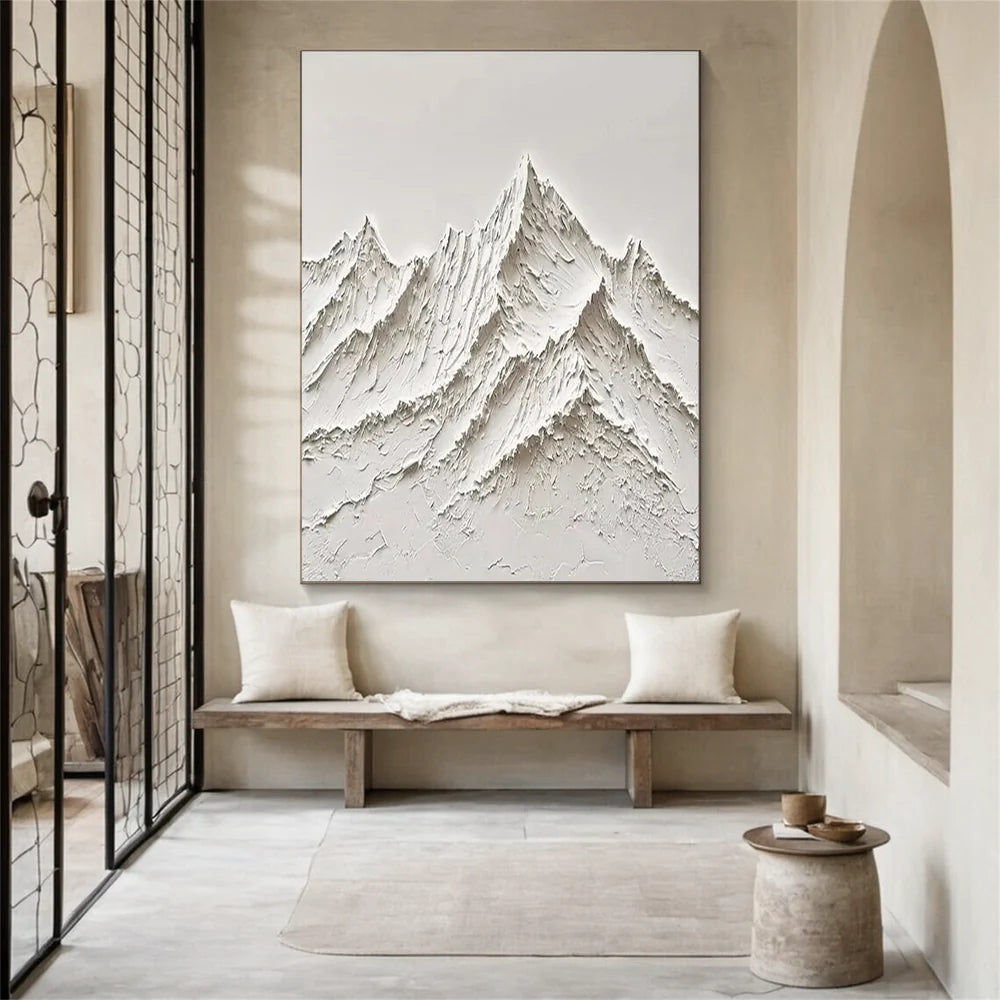 White Minimalist Mountain Textured Canvas Art #BT003