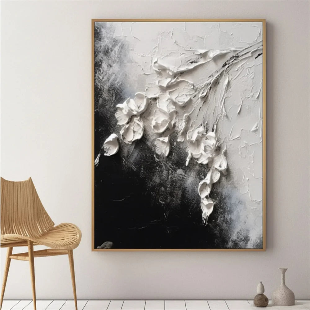Black & White Minimalist Flower And Tree Textured Canvas Art #MF071