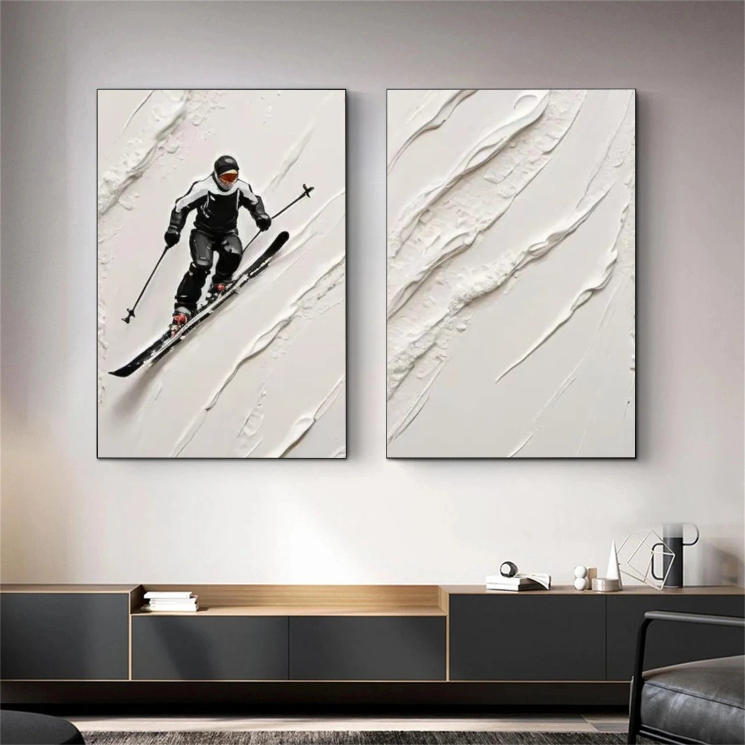 Skiing Sport Textured Canvas Painting Set of 2 #PB042