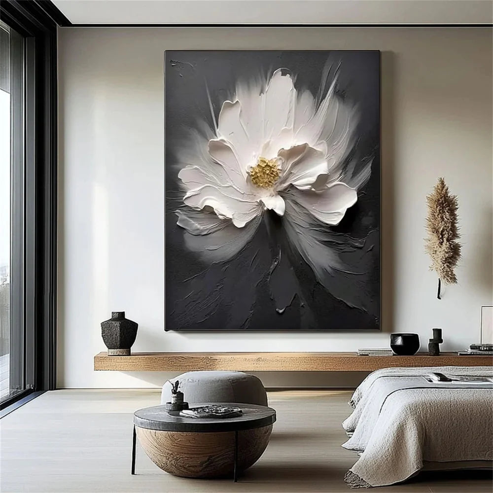 Black & White Minimalist Flower And Tree Textured Canvas Art #MF021