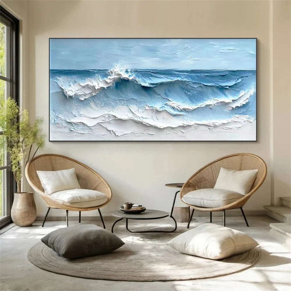 Blue & White Minimalist Ocean And Sky Textured Canvas Art # OC018