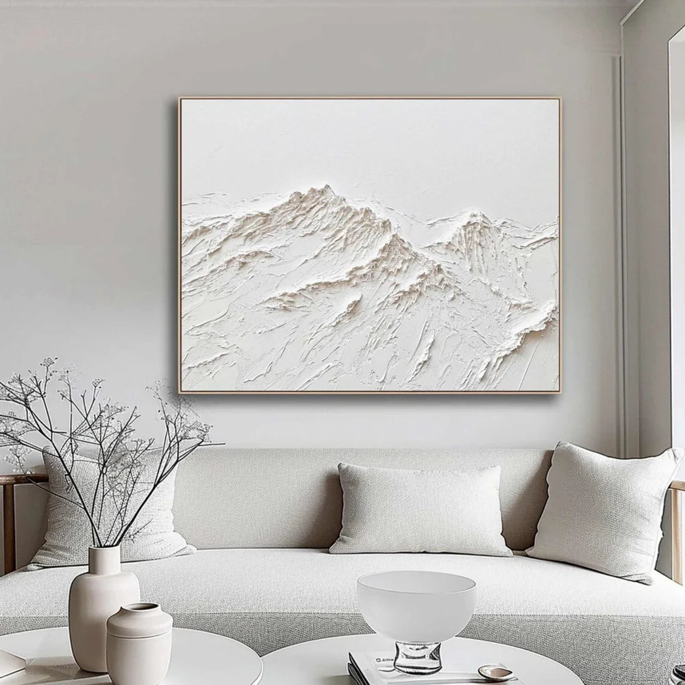White Minimalist Mountain Textured Canvas Art #BT021